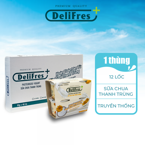 Sữa Chua Thanh Trùng DeliFres+ Có Đường | 1 Thùng x 48 Hũ - 80gram